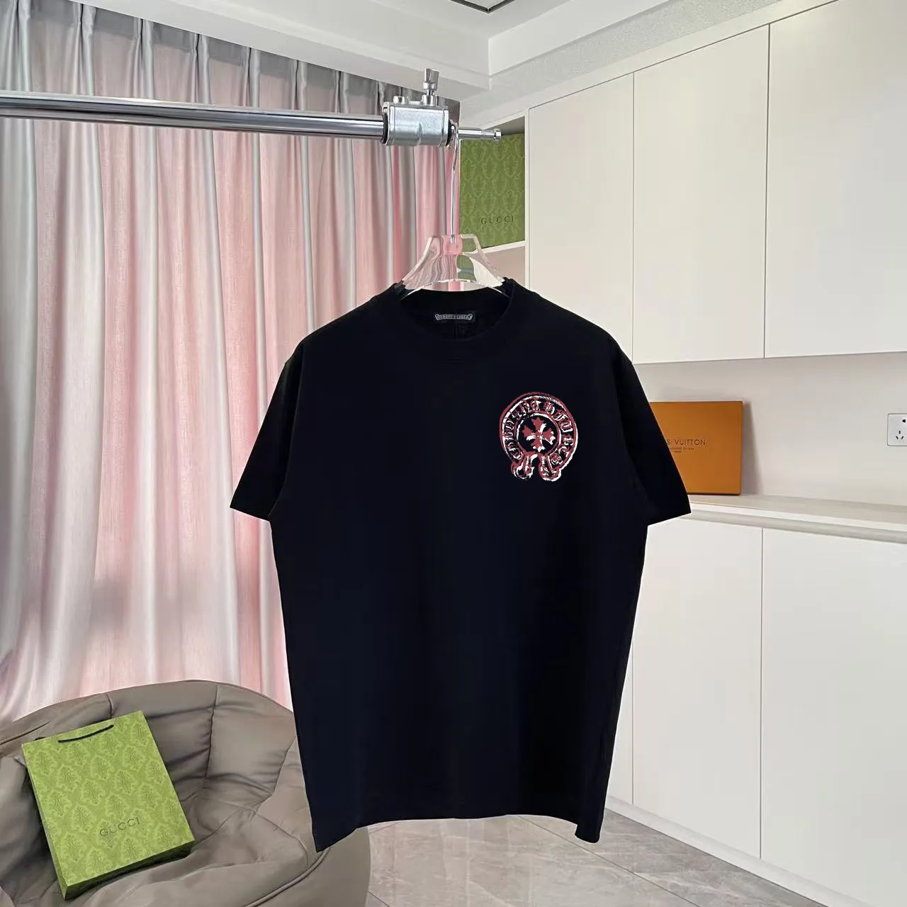 🅿️170 ch Cro* 2025 summer new style Sanskrit cross horseshoe print short-sleeved T-shirt customized fabric 300g same style for men and women Size: S M L XL XXL five sizes Color: black white rose red iron gray